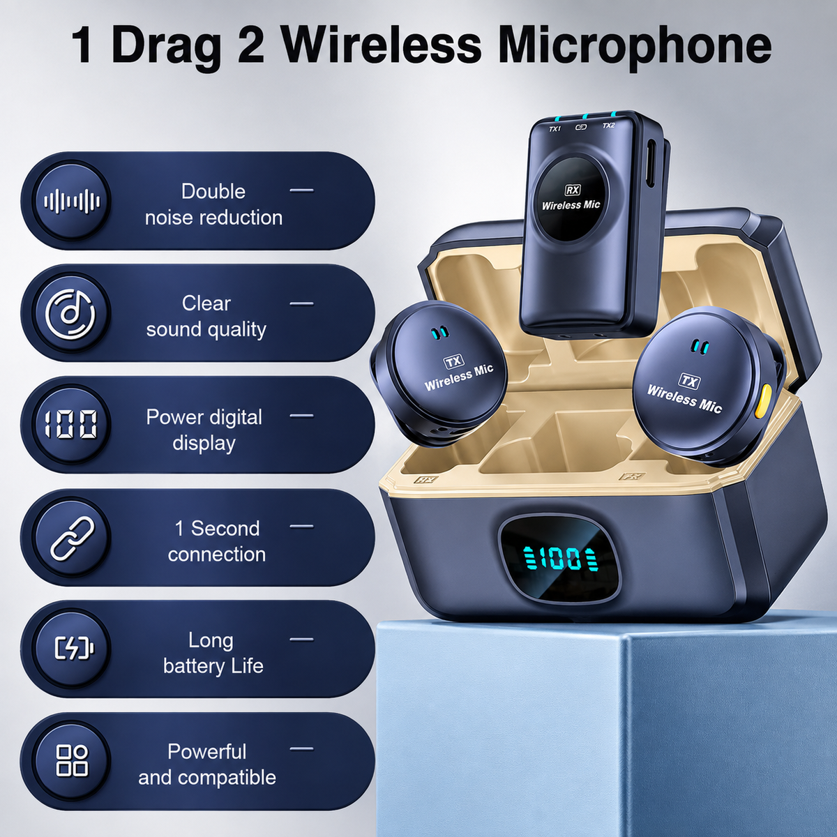 2-in-1 Wireless Microphone with Advanced Noise Cancellation