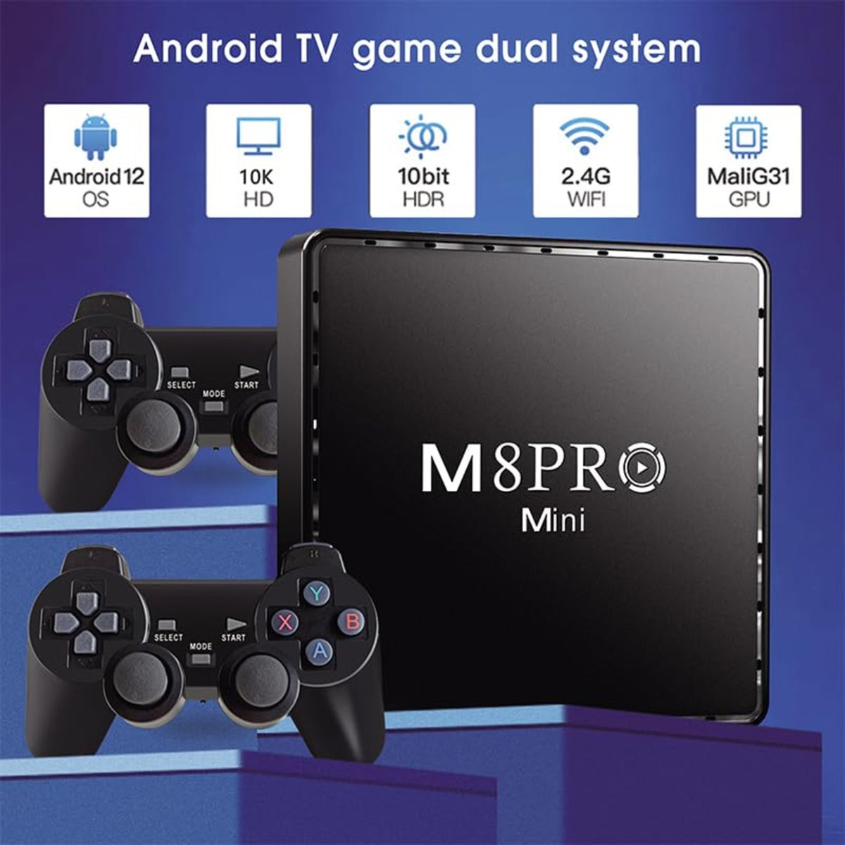 M8PRO Mini 4K Android TV Box with Dual Wireless Gaming Controllers